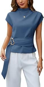 Yeokou Women Buckle Tie Top Stand Collar Belted Short Sleeve Elegant Summer Casual Blouse - Best Deal Finder