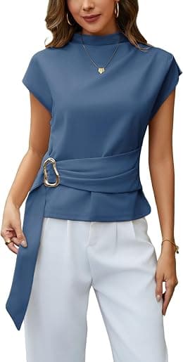 Yeokou Women Buckle Tie Top Stand Collar Belted Short Sleeve Elegant Summer Casual Blouse - Best Deal Finder