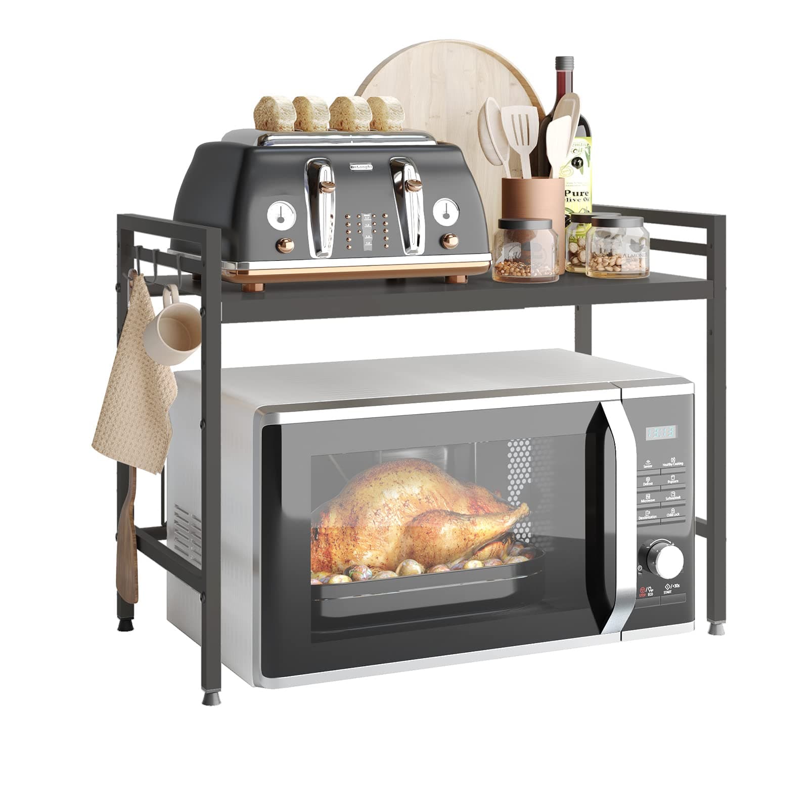 NETEL Expandable Microwave Stand, 2 Tier Microwave oven Rack with 8 Hooks, Height Adjustable Oven Stand for Kitchen, Width 40–65 cm freely adjustable, kitchen shelf organiser Black on Amazon.ae - Price Tracker