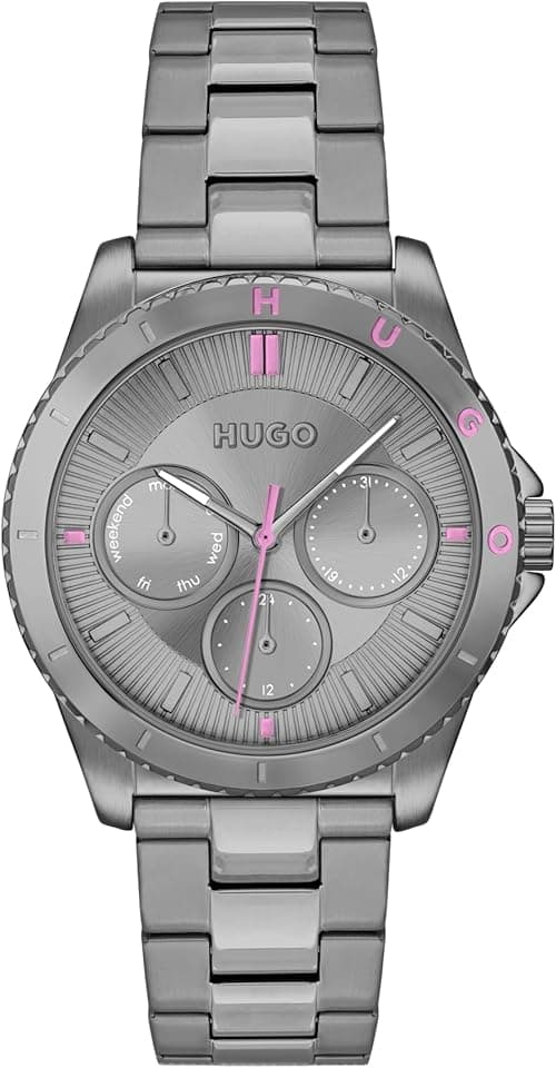 HUGO Women's #Dance Grey Ion-Plated Stainless Steel Case and Link Bracelet, Feminine Design, Multifunction Watch, Model (1540158) on Amazon.ae - Price Tracker