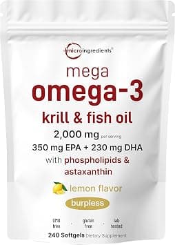 Micro Ingredients Mega Omega-3 Krill & Fish Oil (2000mg Equivalent), 240 Softgels | Lemon Flavor | Burp Free | Essential Fatty Acids & Astaxanthin | EPA 350mg + DHA 230 on Amazon.ae - Price Tracker