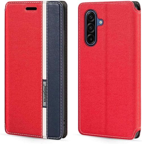 Flip Leather Case for Galaxy M17 5G - Red | 6.74" Slim Invisible Magnetic Cover with Card Slot, Classic Stripe Contrast Color Design على Amazon.ae - متتبع الأسعار