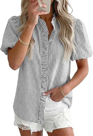 Astylish Women Striped Blouses Spring Summer Ruffle Collar Puff Sleeve Button Down Shirts Business Casual Tops on Amazon.ae - Price Tracker