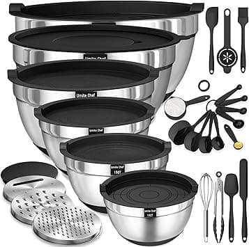 Umite Chef Mixing Bowls with Airtight Lids, 26Pcs Stainless Steel Bowls Set, 3 Grater Attachments & Black Non-Slip Bottoms Size 7, 4, 2.5, 2.0,1.5, 1QT, Great for Mixing & Serving on Amazon.ae - Price Tracker