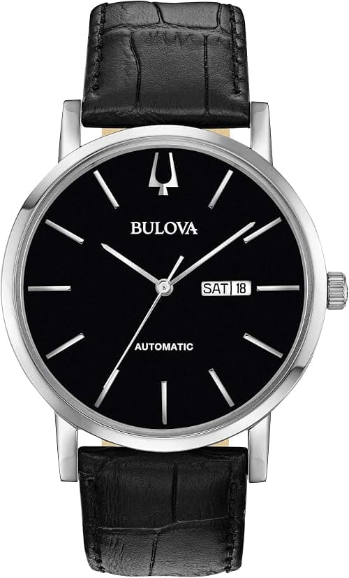 Bulova Men's Classic American Clipper 3-Hand Automatic Leather Strap Watch, Day Date Calendar, 40 Hour Power Reserve, Exhibition Case Back, 42mm على Amazon.ae - متتبع الأسعار