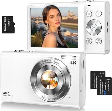 Digital Camera,Autofocus 4K Vlogging Camera for Photography with 32GB Card,48MP Portable Compact Point and Shoot Digital Camera for Teens Adult Beginner with 16X Zoom,Anti-Shake,2 Batteries(White) - Best Deal Finder
