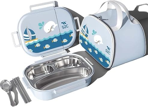 S2C littleZen Bento Lunch Box Unique Premium Stainless Steel Meal Carrier for Kids - Leak-Proof, BPA-Free, Microwave & Dishwasher Safe (BLUE WHALE, 3 COMP) - Best Deal Finder