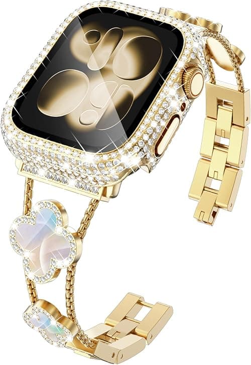 Four-Leaf Clover Band for Apple Watch Band 42mm with Full Diamond Protective Case Built-in Tempered Glass Screen Protector for Apple Watch Series 11 10 for Women (42mm, Gold/Iridescent) on Amazon.ae - Price Tracker