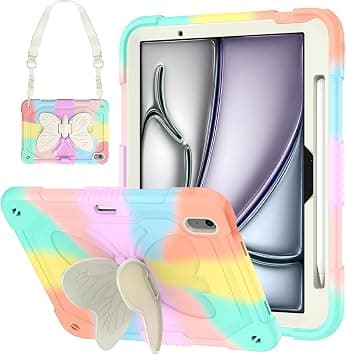 AVAKOT iPad Air 11 Inch Case 2024 with Butterfly Wings Kickstand Pencil Holder, iPad Air 6th Generation 11 Inch Case Kids Girls Heavy Duty Hard Rugged Protective Cover for iPad A2899/A2900-Rainbow - Best Deal Finder