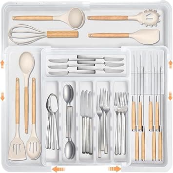 Silverware Organizer for Kitchen Drawer, Expandable Utensil Drawer Organizer with 2 Knife Block, Flatware and Cutlery Holder, Adjustable Plastic Storage for Spoons Forks Knives(White) على Amazon.ae - متتبع الأسعار