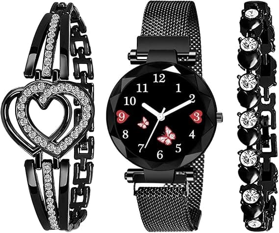 RUSTET Branded Analogue Black Dial Magnet Watch with Valentine Gift Bracelet for Women or Girls(Combo of 3) (Black3) on Amazon.ae - Price Tracker