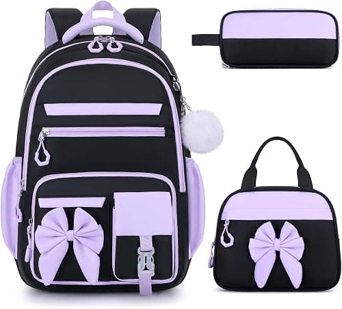 3PCS Girls School Bag Set with Insulated Lunch Box and Pencil Case, Essential Kids Backpack, Water-Resistant Girls Rucksack for Primary Daily Hustle and Travel Excursions (Black Purple) on Amazon.ae - Price Tracker