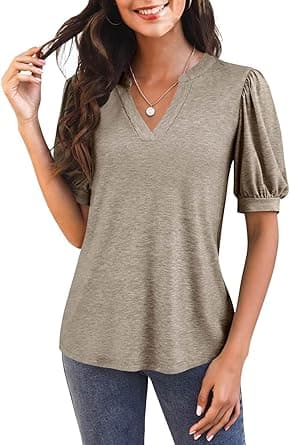 Imily Bela Womens V Neck T Shirts Casual Puff Sleeve Loose Dressy Blouses Summer Tops on Amazon.ae - Price Tracker