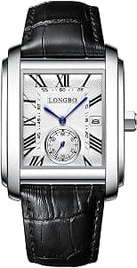 LONGBO Mens Watch Rectangular Shape Alloy Case Business Casual Genuine Leather Strap Watch with Seconds Subdial | Calendar Date | Scratch Resistant Waterproof Watch for Men - Best Deal Finder