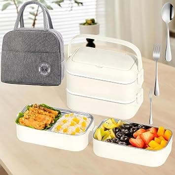 Lunch Box for Adult with Insulated Bag & Cutlery,304 Stainless Steel Kid Bento Box,1400ml 2 Layer Microwave-Safe & Leakproof,Stackable Lunch Box for Adults Students Office (A-2L-Off white) على Amazon.ae - متتبع الأسعار
