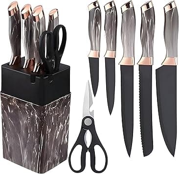 SHOPPING VIBES 7pc Stainless Steel Knife Set for Kitchen – Sharp Chef Knife, Scissors & Sharpener with Marble Handles & Knife Holder – Cutlery Set for Home & Professional Chefs! (Black/Bronze) on Amazon.ae - Price Tracker