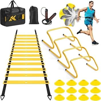 Agility Ladder, Speed Training Equipment Set, 20ft Agility Ladder, 12 Soccer Cones, 4 Hurdles, Jump Rope, Running Parachute, Basketball Football Soccer Training Equipment for Youth, Adults على Amazon.ae - متتبع الأسعار