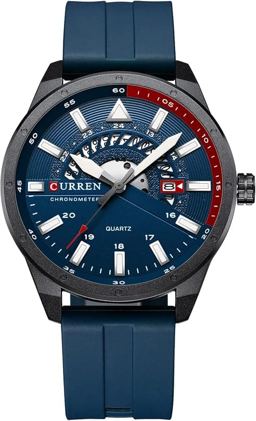CURREN Men's Fashion Business Calendar Waterproof Quartz Watch for Men with Blue Leather Strap, blue, strap على Amazon.ae - متتبع الأسعار