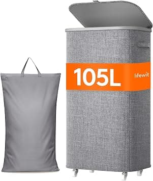 Lifewit 105L Plastic Laundry Basket with Lid, Large Clothes Hamper with Wheels and Removable Bag, Tall Collapsible Rolling Storage Bin for dorm bedroom bathroom, Light Gray على Amazon.ae - متتبع الأسعار