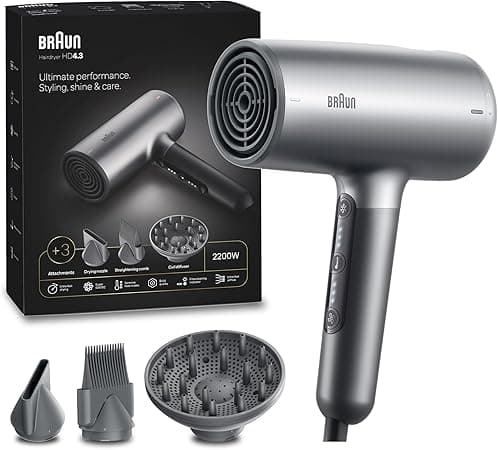 Braun Hair dryer HD4.3 Ultimate Performance, Styling, Shine &amp; Care, HTDC Motor, 2200 Watts, Touch Control, with Drying Nozzle, Straightening Comb, Curl Diffuser, BRHD435SDE - Electro Grey on Amazon.ae - Price Tracker