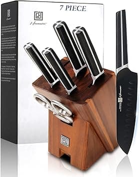 Kitchen Knife Set, 7 Pieces German Stainless Steel Knives Set for Kitchen with Acacia Wood Block, Kitchen Scissors, Box Packed, Elegant Black on Amazon.ae - Price Tracker