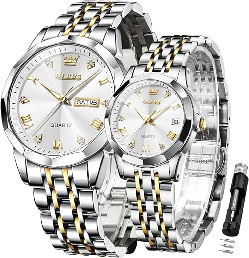 OLEVS Valentines Couple Pair Quartz Watches Luminous Calendar Date Window 3ATM Waterproof, Casual Stainless Steel His and Hers Wristwatch for Men Women Lovers Wedding Romantic Gifts Set of 2 on Amazon.ae - Price Tracker
