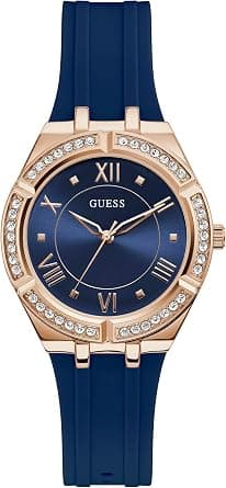 GUESS Blue + Rose Gold-Tone Crystal Silicone Watch - Best Deal Finder