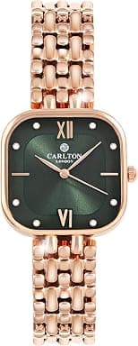 Carlton London Chelsea Women Analog Watch, Square Dial, Stainless Steel Strap, Quartz Movement, Green Dial, Rose Gold Strap, Modern Style, 30M Water Resistant | CLSSCDGRN - Best Deal Finder