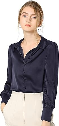 Women's Satin Blouse Puff Long Sleeve Collared Button Down Shirt Dressy Office Work Top Business Casual on Amazon.ae - Price Tracker