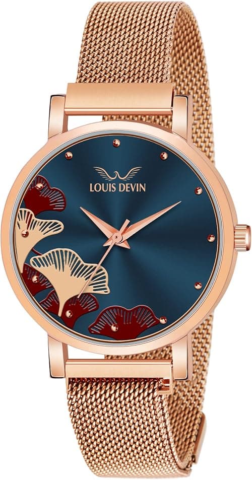 LOUIS DEVIN Rose Gold Plated Mesh Chain Analog Wrist Watch for Women (Black/Blue/Rose Gold Dial) | RG162 على Amazon.ae - متتبع الأسعار