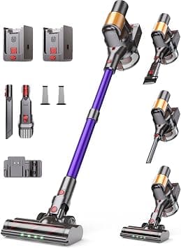 Cordless Vacuum Cleaner, 2 Batteries 120 Mins Runtime, 600W 50KPA Stick Vacuum with Self-Standing, Tangle-Free Brush, LED Display, Vacuum Cleaner for Home Hardwood Floor, Carpet, Pet Hair - متتبع أسعار Amazon.sa
