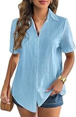 Zeagoo Women Linen Button Down Shirt Rolled Cuffed Short Sleeve Blouse Ladies Summer Casual V Neck Beach Cotton Tops - Best Deal Finder