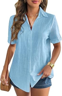 Zeagoo Women Linen Button Down Shirt Rolled Cuffed Short Sleeve Blouse Ladies Summer Casual V Neck Beach Cotton Tops - Best Deal Finder