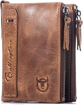 BULLCAPTAIN Genuine Leather Wallet for Men Vintage Bifold with Double Zipper Pockets (Brown) on Amazon.ae - Price Tracker