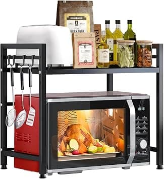 SKY-TOUCH Microwave Oven Rack, Expandable Microwave Stand with 6 Hooks, Kitchen Utensils Tableware Storage for Kitchen Dining Room on Amazon.ae - Price Tracker