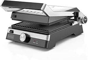BLACK+DECKER Family Health Grill with 180° Hinge, 2000W, 1500cm² BBQ Area, 5-Level Height Adjustment, Variable Temperature Control, Removable Drip Tray, Cool-Touch Handle, Black/Silver - CG2000-B5 - Amazon.ae Price Tracker