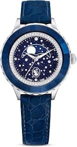 Swarovski Octea Moon Watch, Swiss Made, Moon, Leather Strap, Blue, Blue Finish, Blue, One Size, Octea Moon Watch - Best Deal Finder