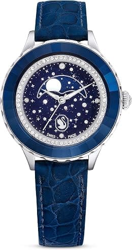 Swarovski Octea Moon Watch, Swiss Made, Moon, Leather Strap, Blue, Blue Finish, Blue, One Size, Octea Moon Watch - Best Deal Finder