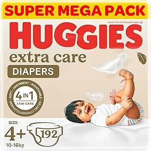Huggies Extra Care Baby Diapers, Size 4+ (10-16 kg), Super Mega Pack, 192 Diapers on Amazon.ae - Price Tracker