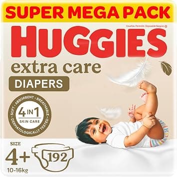 Huggies Extra Care Baby Diapers, Size 4+ (10-16 kg), Super Mega Pack, 192 Diapers - Best Deal Finder