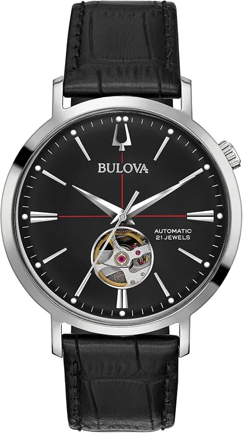 Bulova Men's Classic Aerojet 3-Hand Automatic Leather Strap Watch, Open Aperture, 40-Hour Power Reserve, Double Curved Mineral Crystal, 41mm على Amazon.ae - متتبع الأسعار