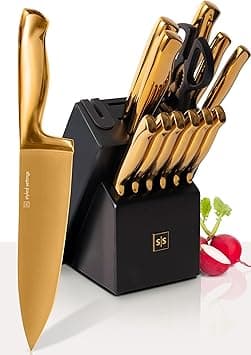 Styled Settings 14-Piece Knife Set with Block & Built-In Sharpener – Ultra-Sharp Full Tang Kitchen Knives – Premium Cooking & Prep Essentials, Gold Handle, Gold Blade & Black Block on Amazon.ae - Price Tracker