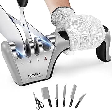 Longzon 4-in-1 Knife Sharpener [4 stage] with a Pair of Cut-Resistant Glove, Original Premium Polish Blades, Best Kitchen Knife Sharpener Really Works for Fruit Knife and Steel Knives, Scissors. on Amazon.ae - Price Tracker