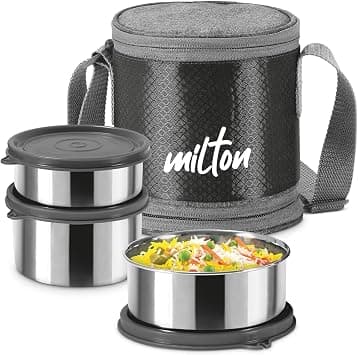 MILTON Expando 2+1 Lunch Box (3 Stainless Steel Container, 320 ml, 320 ml, 500 ml) with Insulated Jacket, Assorted Colors | Leak Proof | Food Grade | Easy to Carry | Odour Proof | Light Weight on Amazon.ae - Price Tracker