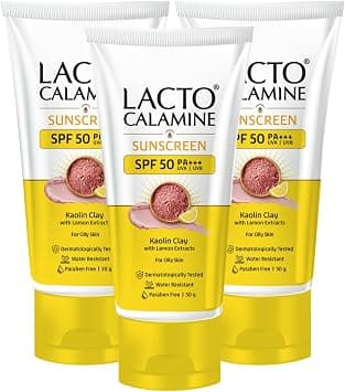 Lacto Calamine Sunscreen SPF 50 | 50g Each - Pack of 3 | PA +++ Sunscreen For Oily Skin | UVA – UVB | Water Resistant & No White Cast | With Kaolin Clay, Vitamin E & Lemon Extracts | Paraben Free - Best Deal Finder