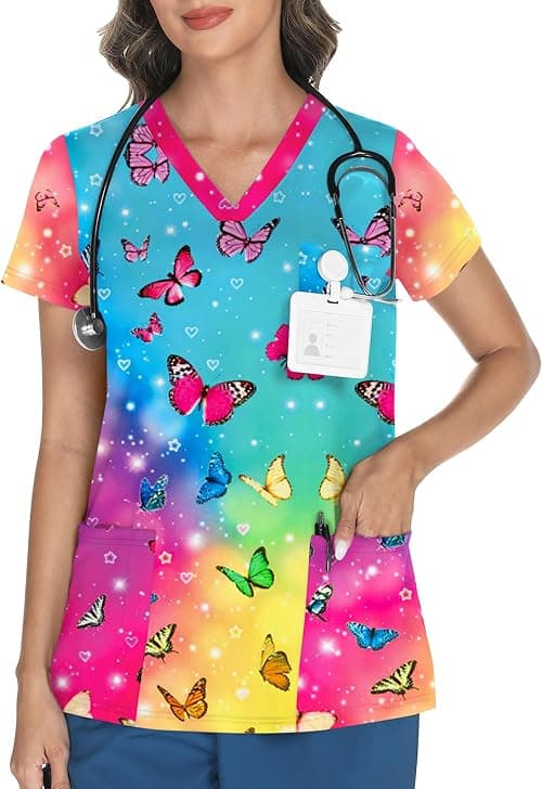 LOMON Women's V Neck Printed Scrub Top with 3 Pockets على Amazon.ae - متتبع الأسعار