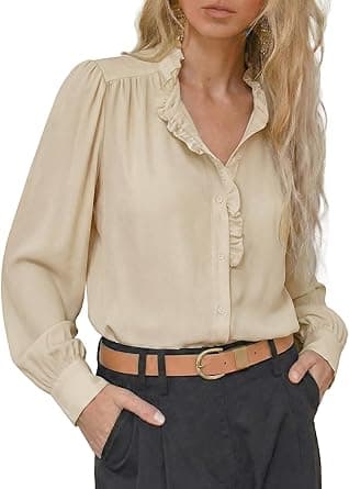 Astylish Women's Ruffle Collar Long Puff Sleeve Chiffon Blouse Button Down Shirt Loose Fit 2026 Spring Summer Tops on Amazon.ae - Price Tracker