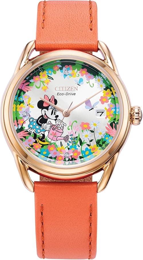 Citizen Eco-Drive Ladies' Disney Minnie Mouse Gardening Watch, Gold Tone with Coral Strap, Floral, 3-Hand Date, 36mm (Model: FE6087-04W), Rose Gold-Tone and Silver-White, Modern on Amazon.ae - Price Tracker