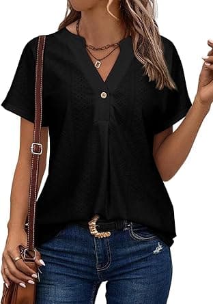 Astylish Womens V Neck Blouses Casual Short Sleeve Buttons Hollow Out Fashion Shirts Tops Dressy on Amazon.ae - Price Tracker
