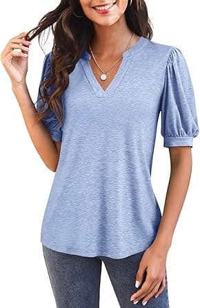 Imily Bela Womens V Neck T Shirts Casual Puff Sleeve Loose Dressy Blouses Summer Tops on Amazon.ae - Price Tracker